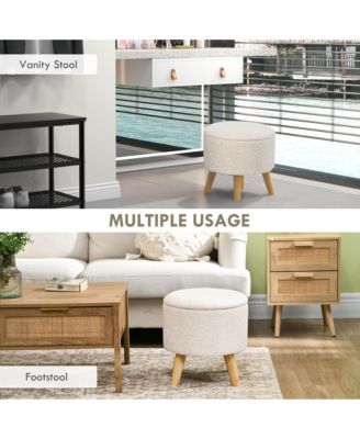 Storage Ottoman, Round Stool Chair with Cushioned Top, Cream White
