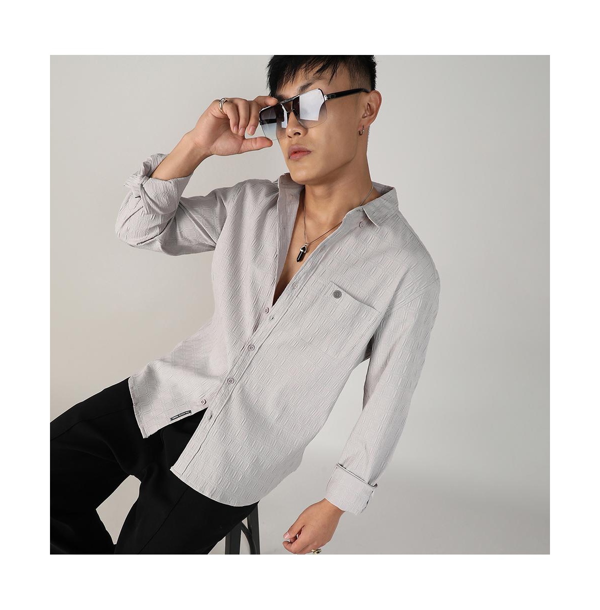 Campus Sutra Men's Greige Textured Ruched Shirt