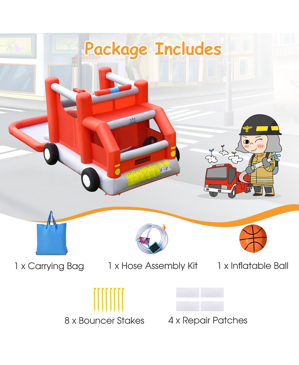 Costway Fire Truck Themed Inflatable Castle Water Park Kids Bounce House Blower Excluded