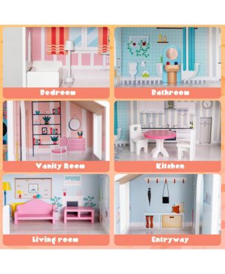 Wooden Dollhouse For Kids 3-Tier Toddler Doll House W/Furniture Gift For Age 3+