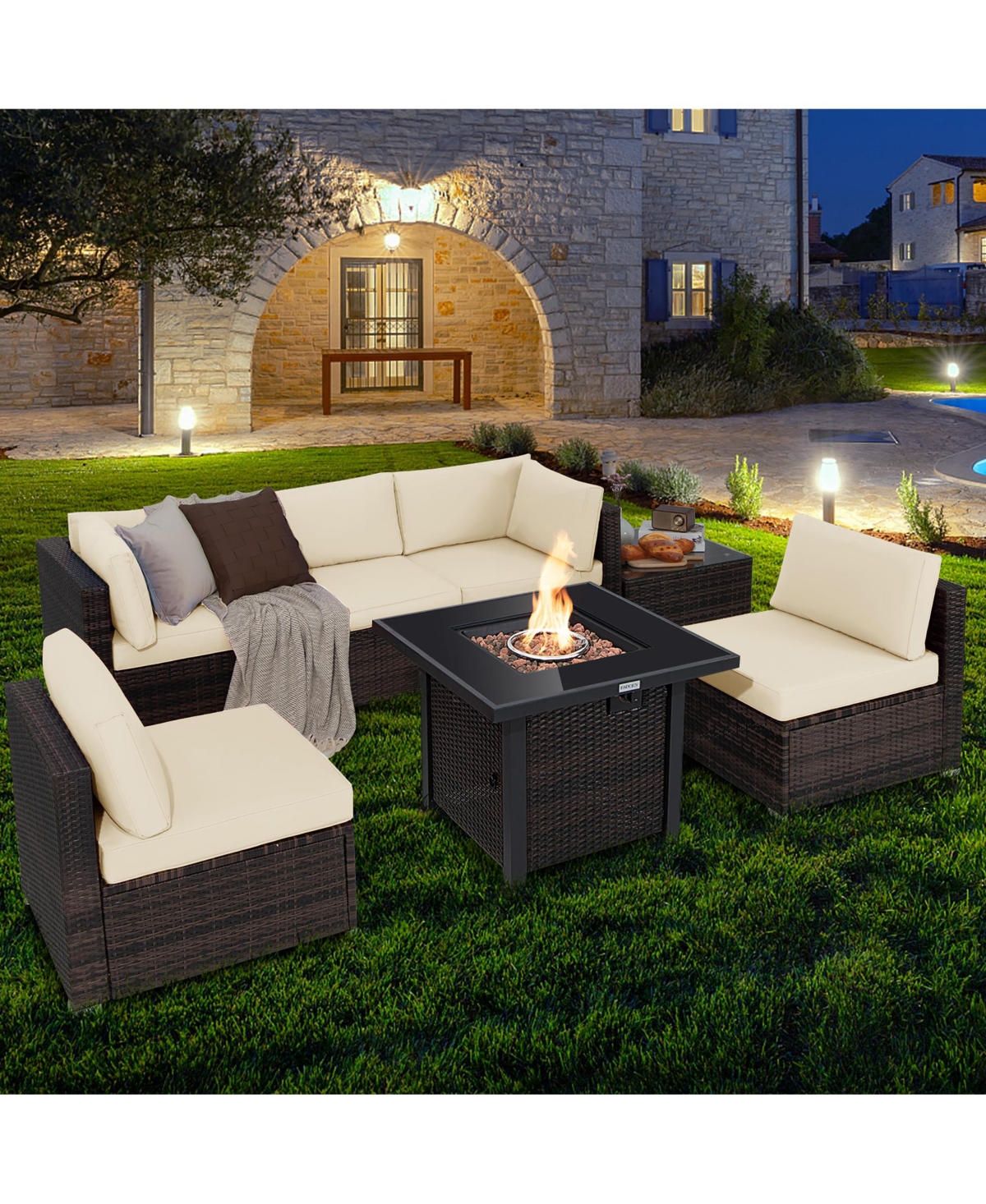 Costway 7PCS Patio Rattan Furniture Set Fire Pit Table Cover Glass Top Cushion