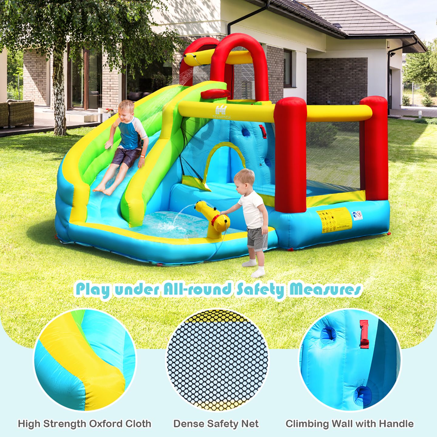 Детские игрушки Costway Inflatable Kids Water Slide Jumper Bounce House with Pool, 11' x 10' x 8', Accommodates 3 Children, от 3 лет, цвет: Синий — фото 10