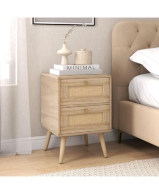 Rattan Nightstand Boho Accent Bedside Table with 2 Storage Drawers