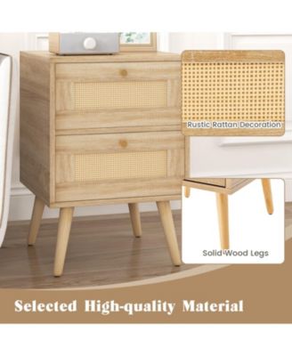 Rattan Nightstand Boho Accent Bedside Table with 2 Storage Drawers