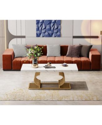 47-Inch Faux Marble Coffee Table with Geometric Frame, Rectangular Center Table for Living Room