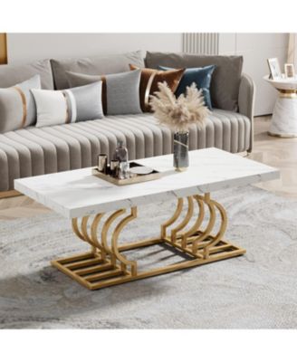 47-Inch Faux Marble Coffee Table with Geometric Frame, Rectangular Center Table for Living Room