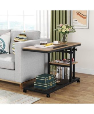 Adjustable C Table with Wheels, Tiltable Laptop Stand & TV Tray with Shelves for Sofa, Bedside, or Couch