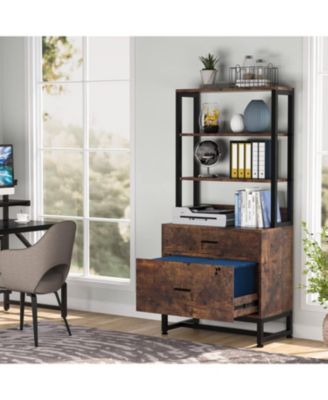 2 Drawer Vertical File Cabinet with Lock & Bookshelf, Letter Size Large Modern Filing Cabinet Printer Stand with Open Storage Shelves