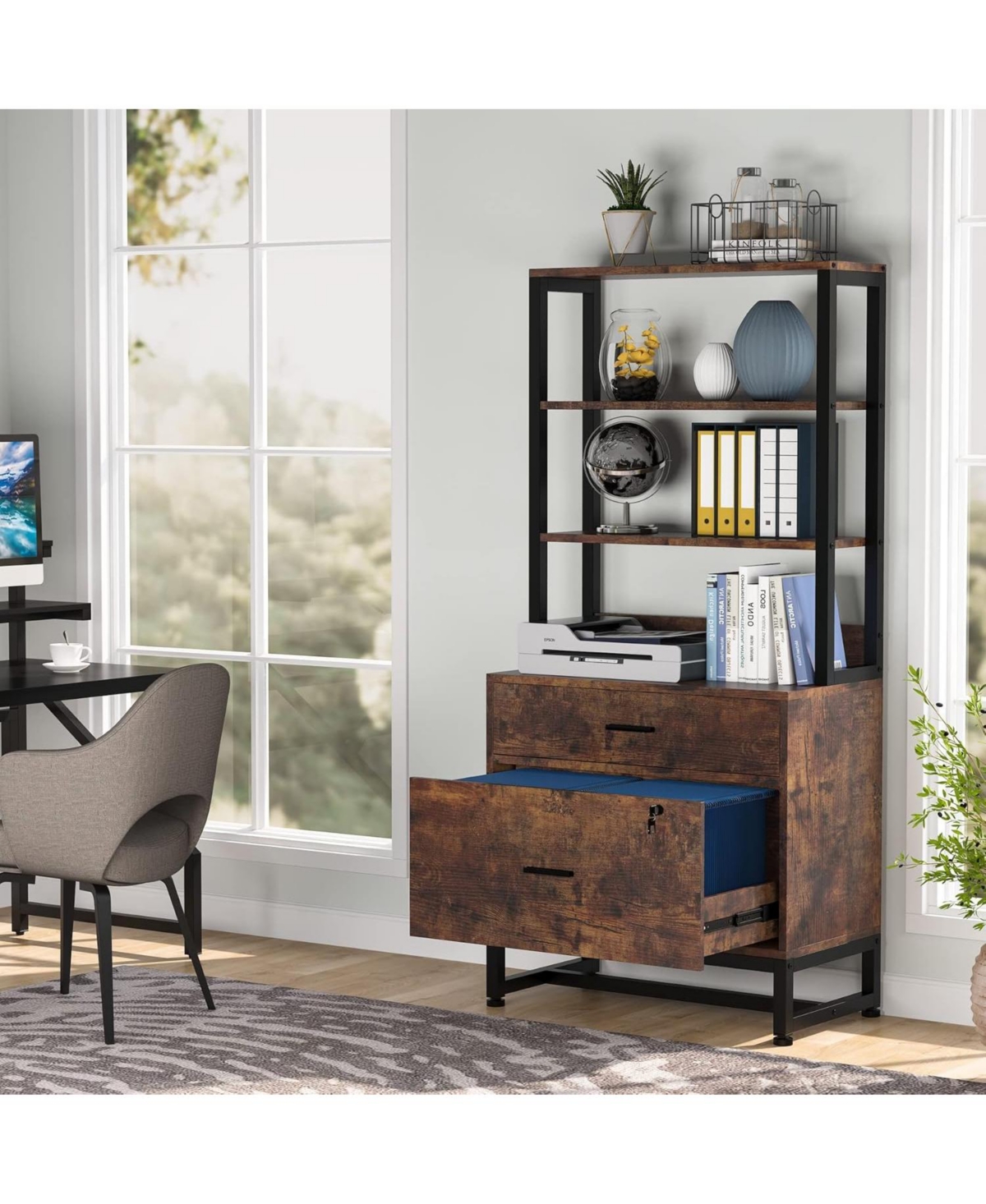 Tribesigns 2 Drawer Vertical File Cabinet with Lock & Bookshelf, Letter Size Modern Filing Cabinet Printer Stand with Open Storage Shelves for H