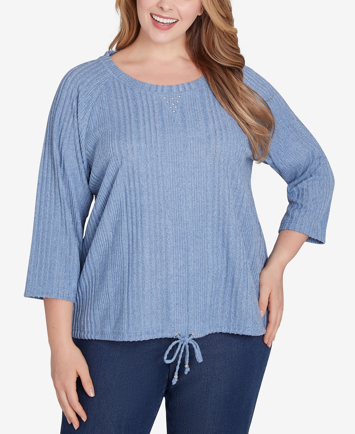 Plus Size Lets Rendez-Blue Solid 3/4 Sleeve Top - Light Blue