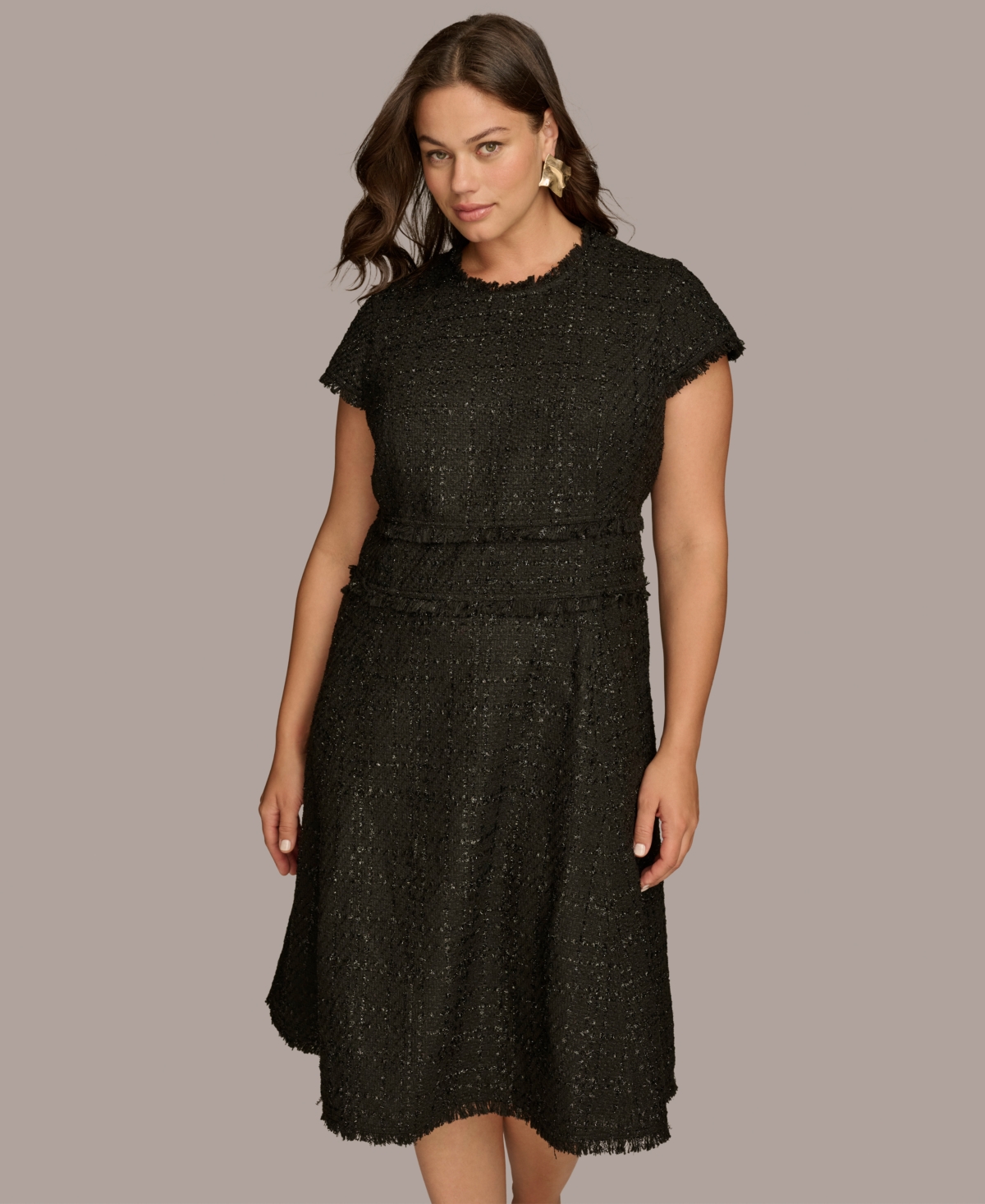 Donna Karan New York Plus Size Fringe-Trim Textured Midi Dress