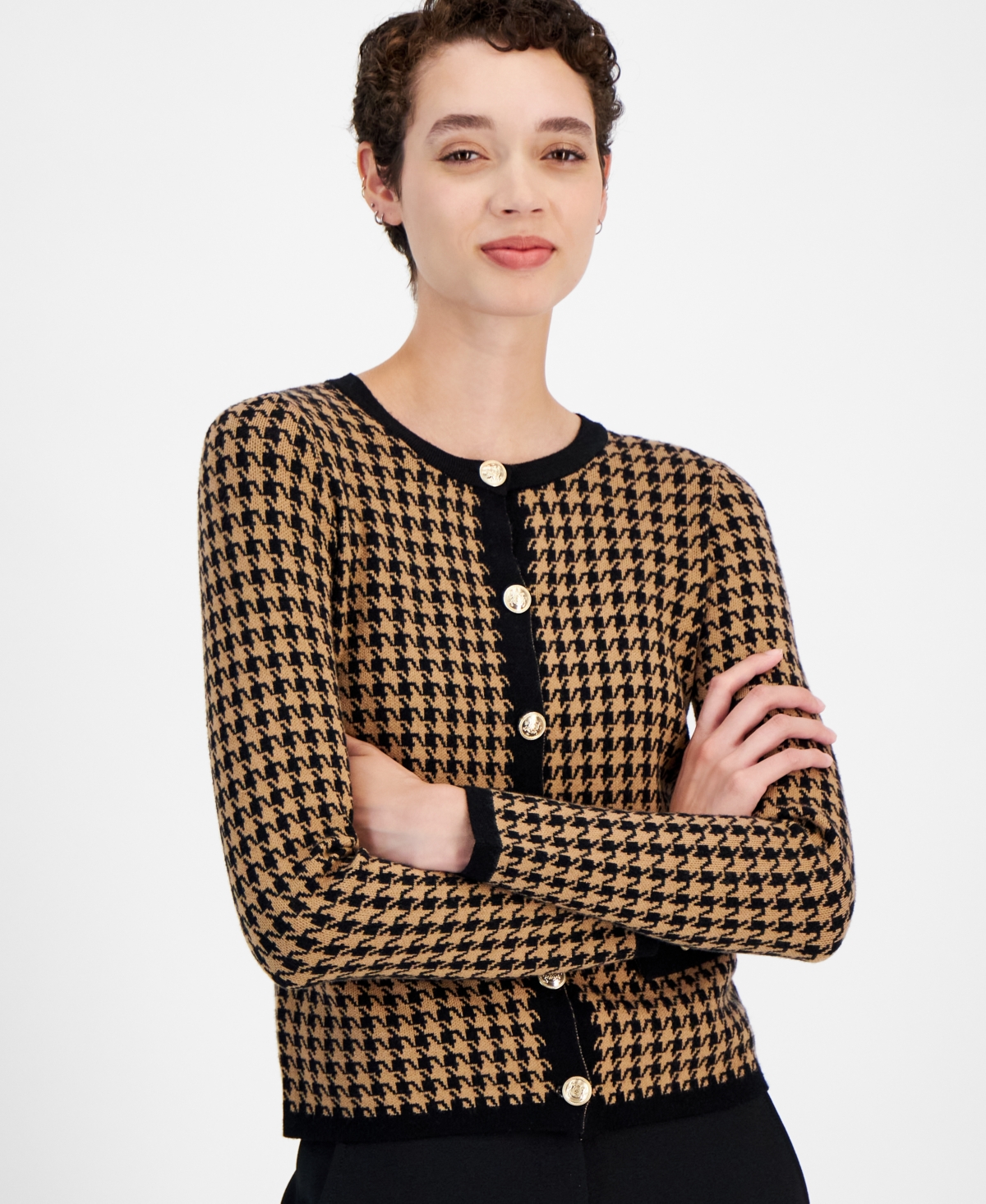 T Tahari Women's Houndstooth Button-Front Cardigan