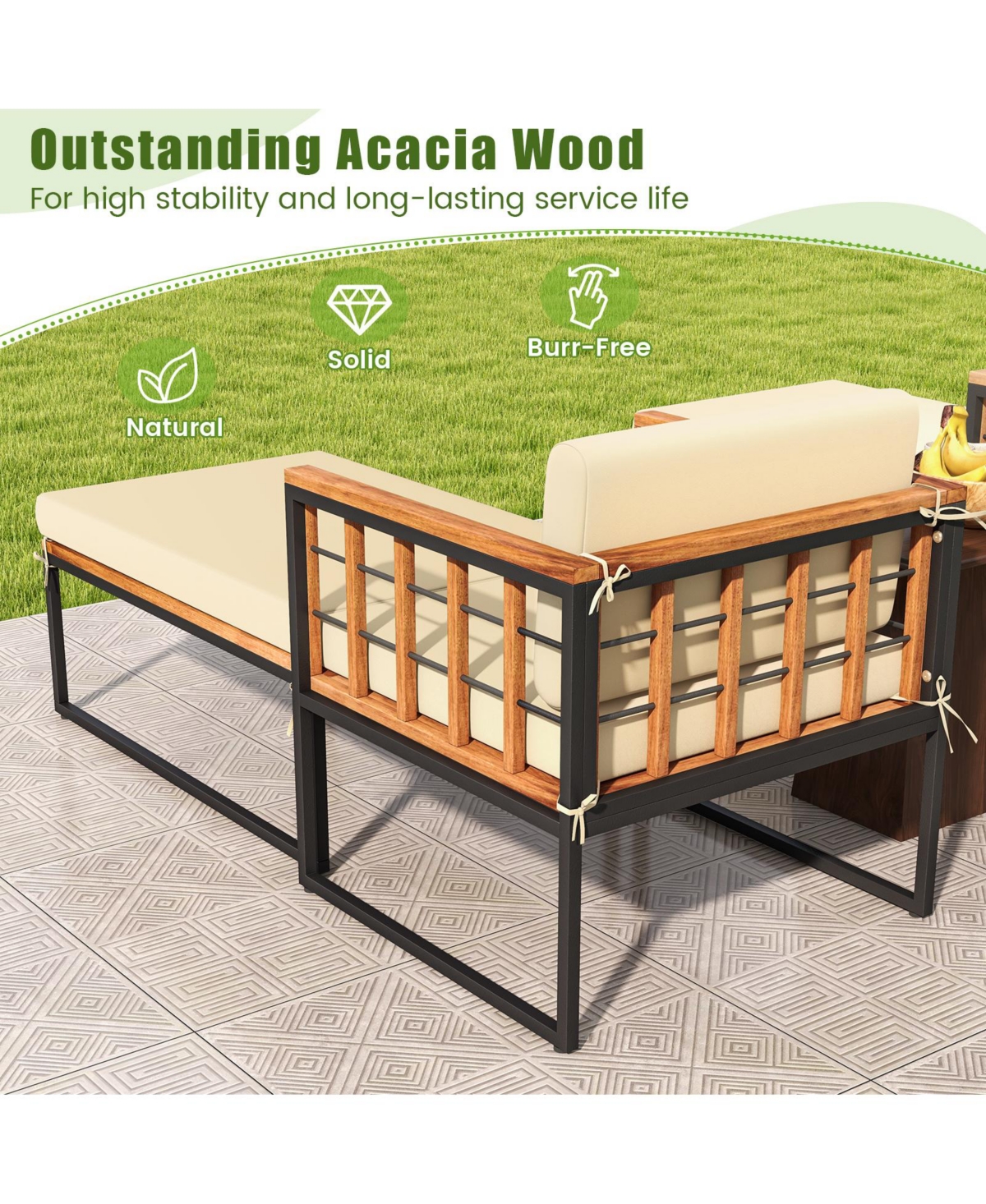 Skonyon Patio Acacia Wood Armchair with Long Ottoman and Seat Back Cushions