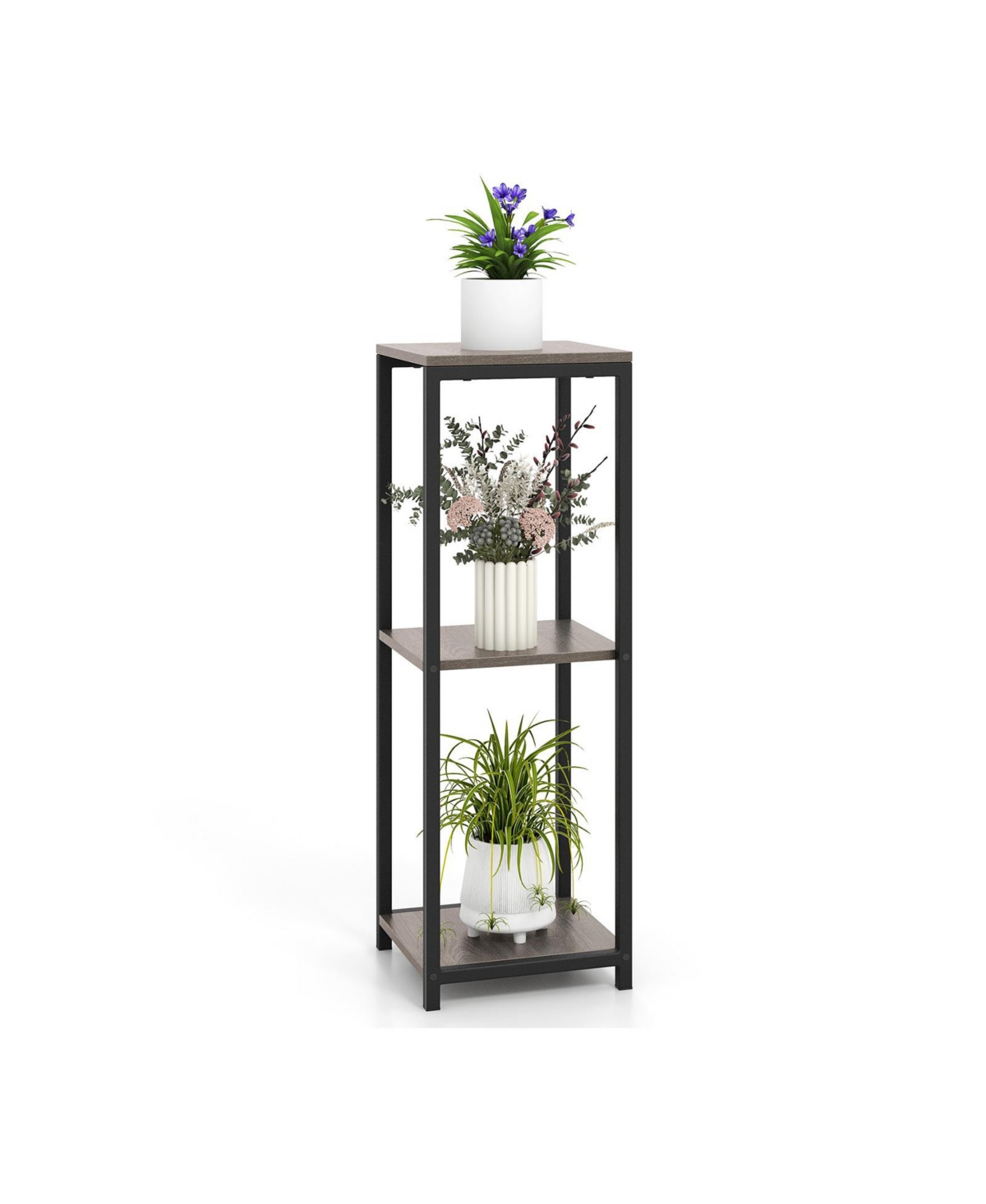3-Tier Tall Metal Plant Stand Corner Plant Holder with Anti-tipping Device-Black & Gray - Grey