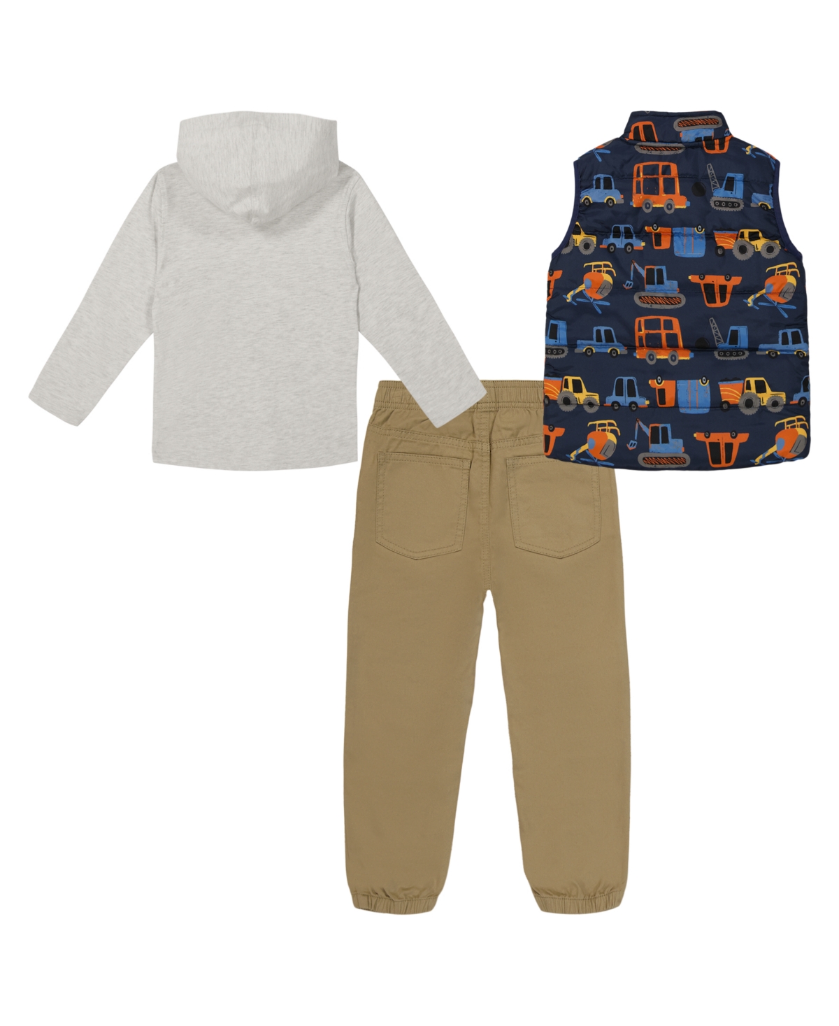 Kids Headquarters Toddler And Little Boys, Transport-themed 3-piece Puffer Vest Twill Joggers Set In Ink Chill,farina Heather,carmelize