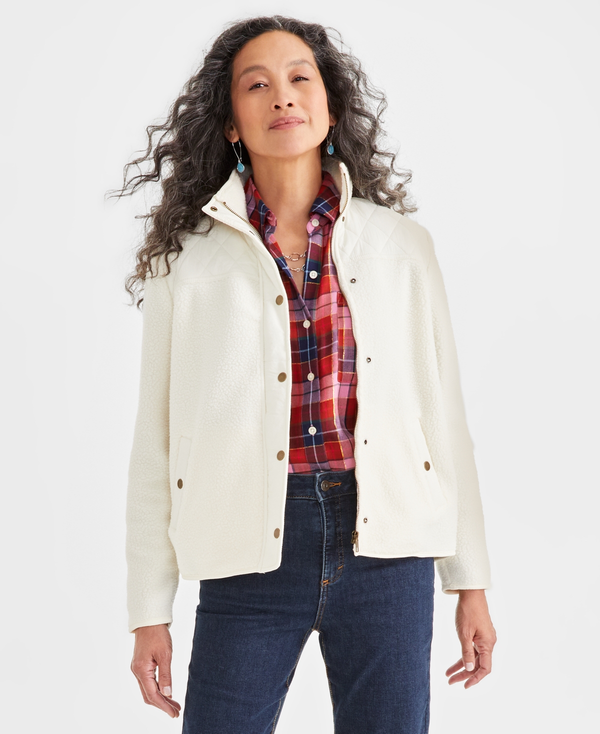 Style & Co Plus Size Quilted-yoke Sherpa Jacket, Created For Macy's In Natural