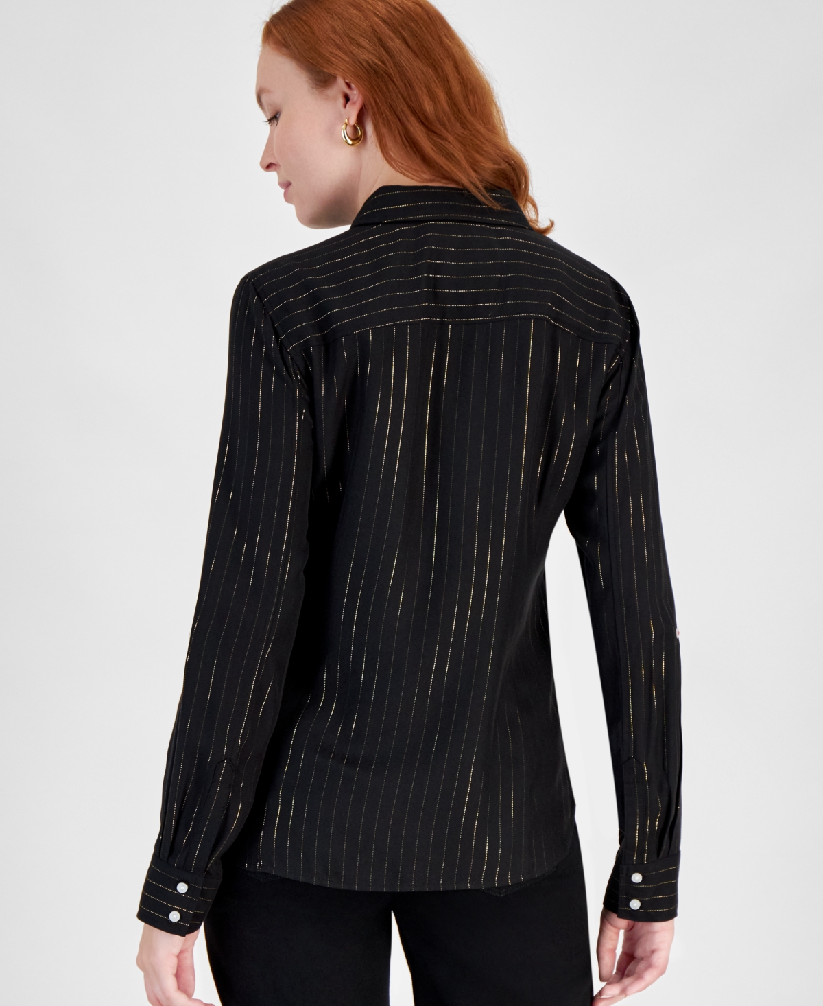 Nautica Jeans Women's Flickering Pinstripe Roll-Tab-Sleeve Button-Up Shirt -Gold