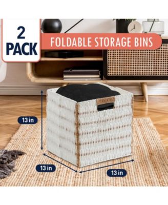 Collapsible Paper Wicker 13 Inch Square Storage Cube Bin Basket - 2 Pack