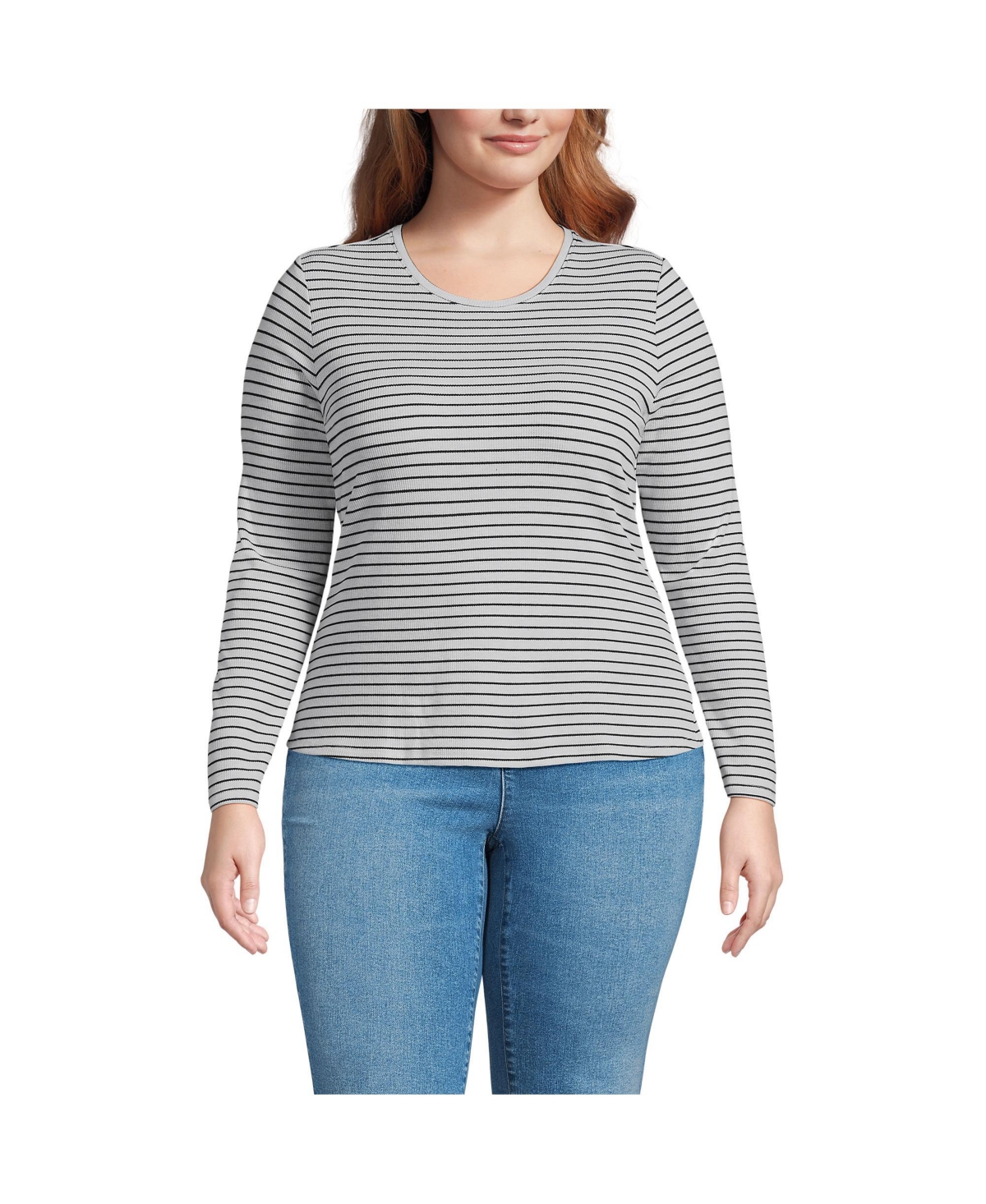 Plus Size Lightweight Waffle Skimming Long Sleeve Crew Neck T-Shirt - Ivory/black mini breton stripe