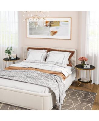 Faux Marble End Table, 2-Tier Round Side Table with Shelves, Modern Accent Table for Living Room or Bedroom