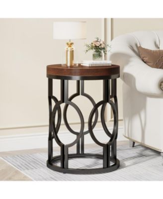 Round End Table, Industrial SideTable with Metal Hollow Frame, Small Bedside Table Nightstand for Living Room, Bedroom, Easy Assembly