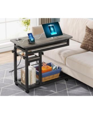 Small Portable Desk with Power Outlet, Height Adjustable Laptop Table with Wheels and USB Ports