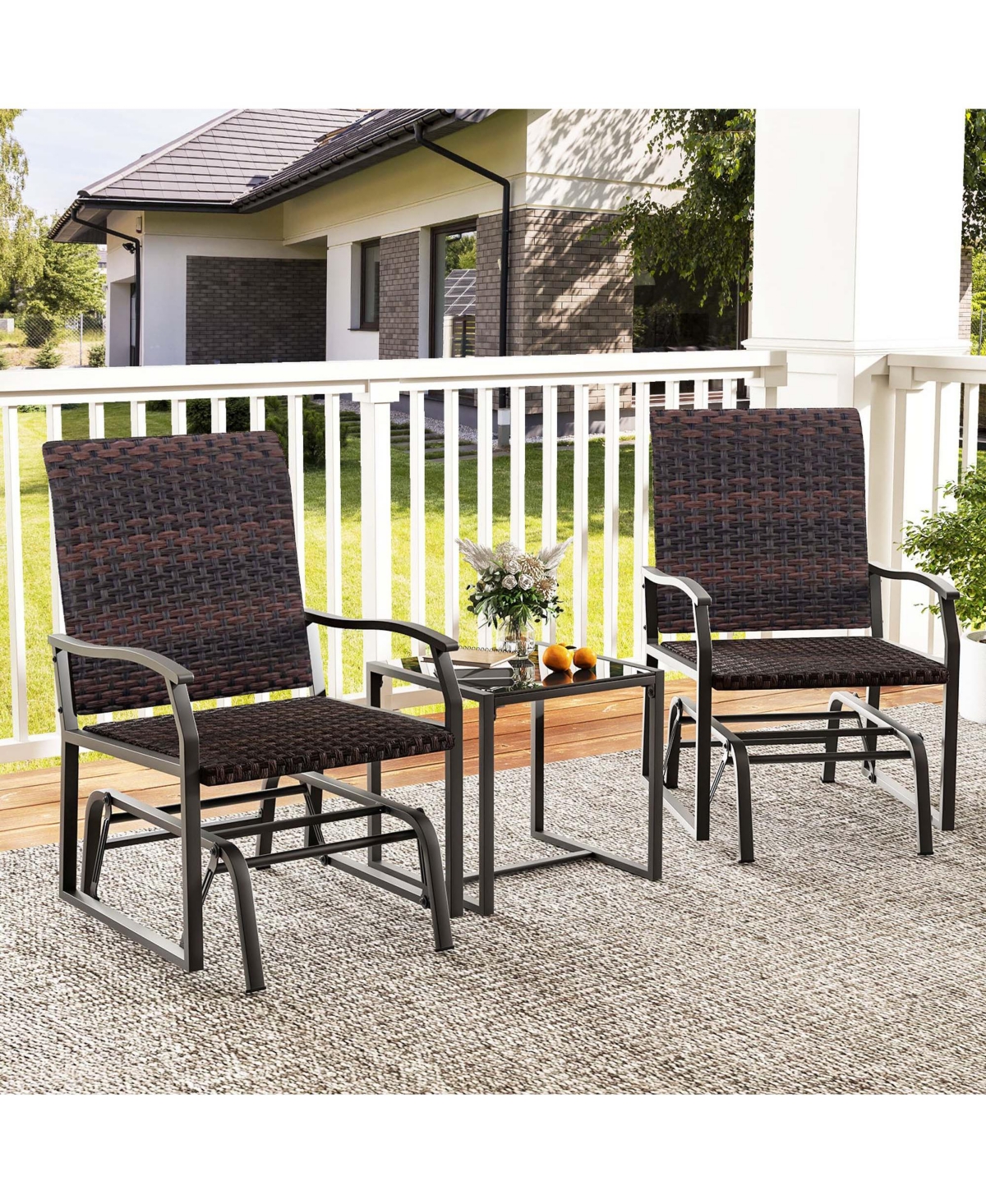 3 Pcs Patio Gliding Set with Tempered Glass Coffee Table Quick Dry Foam Wicker