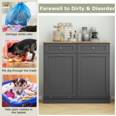 15.5 Gallon Kitchen Tilt Out Trash Cabinet Rubber Wood Tabletop 2 Drawers