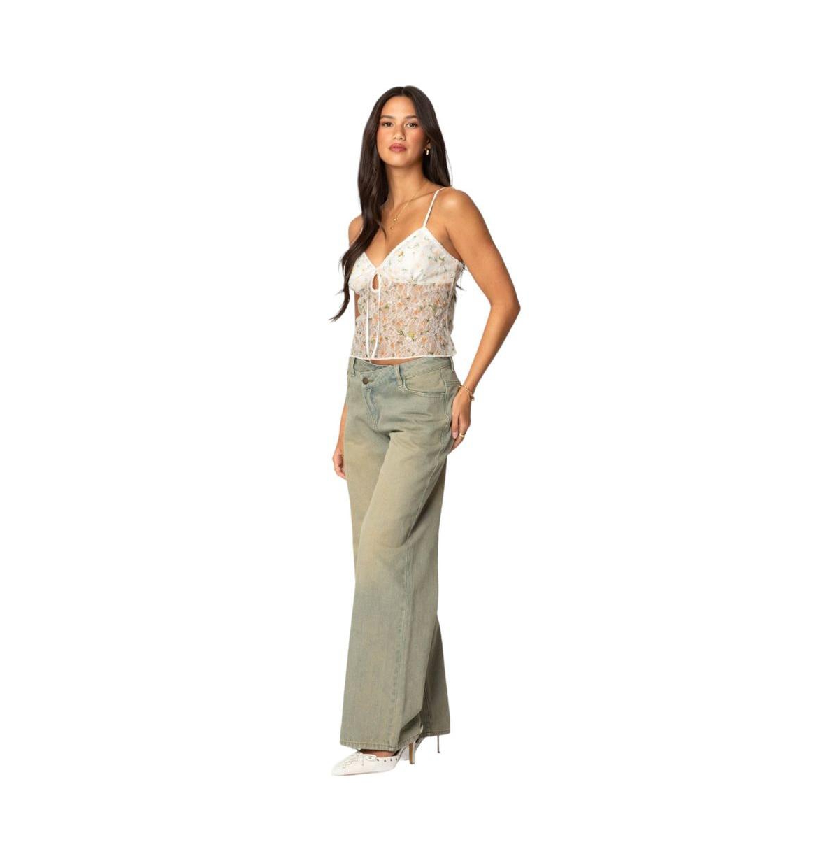 Edikted Women's Flowery Sheer Embroidered Top