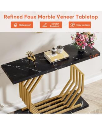 Gold Console Table, Faux Marble Entryway Narrow Sofa Table with Geometric Metal Base, 40 Inch Modern Accent Entrance Table