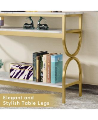 3-Tier Console Table, 55 inch Sofa Table with Open Storage Shelves, Narrow Long Hallway/Entryway Table with Faux Marble Top, White & Gold