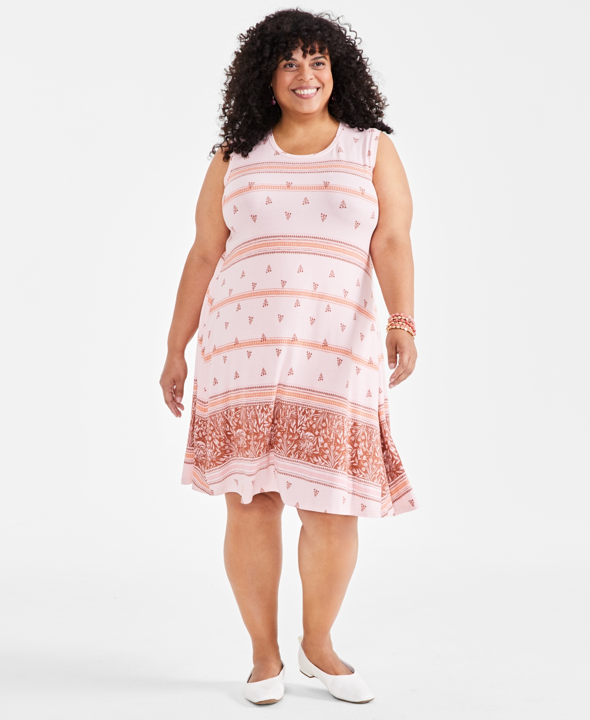 Plus Size Sleeveless Printed Tank Dress, Created for Macy's - Tulip Pink