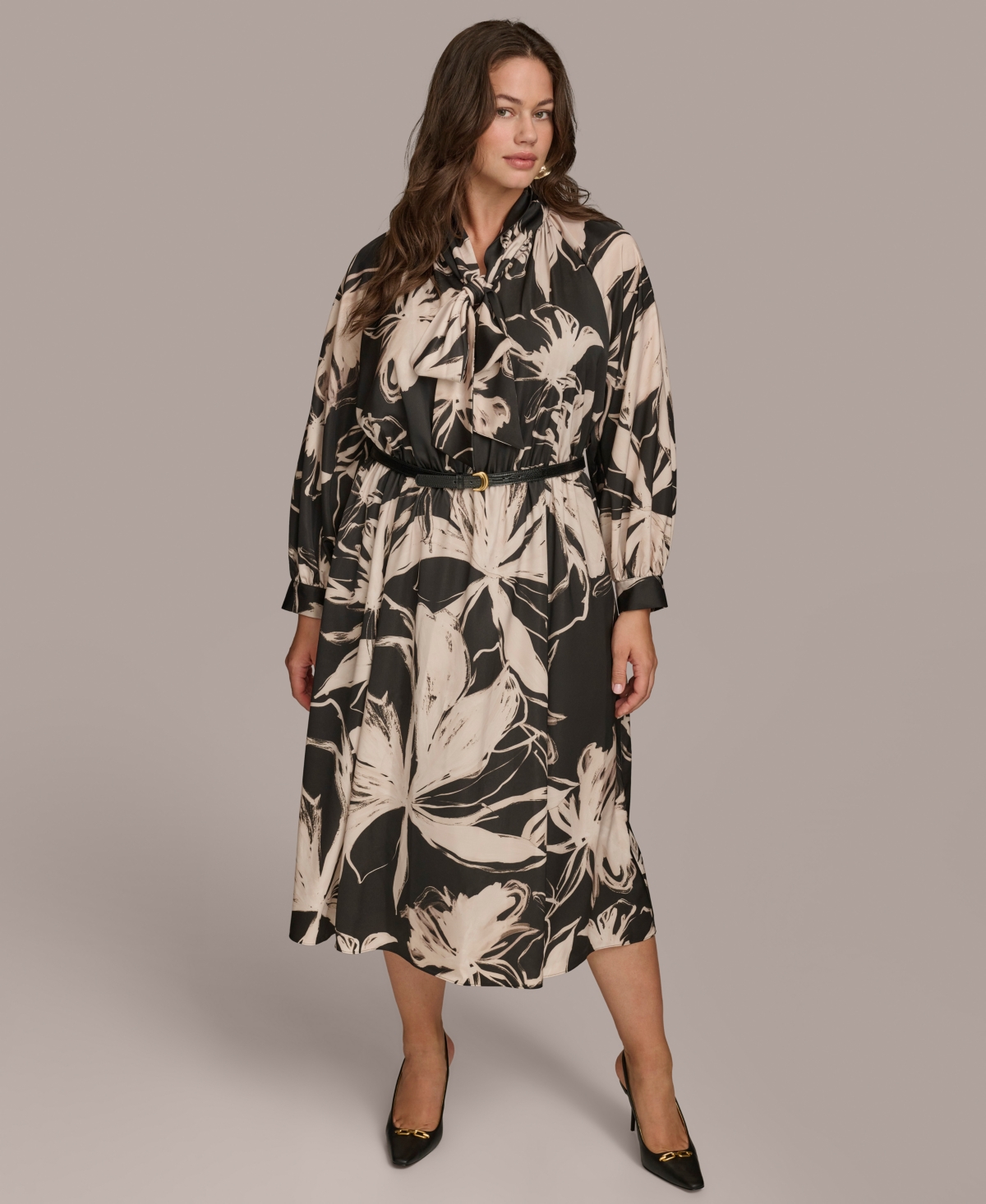 Donna Karan New York Plus Size Belted Long-Sleeve Dress