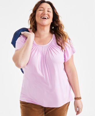 Style & Co - Plus Size Pleat-Neck Flutter-Sleeve Top