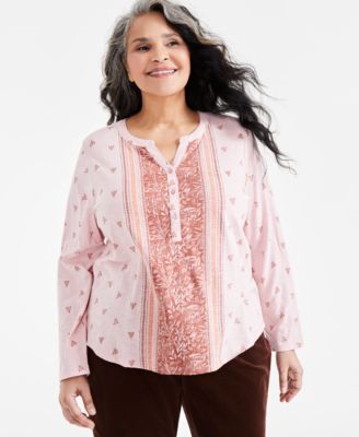 Style & Co - Plus Size Cotton Split-Neck Mixed-Print Top