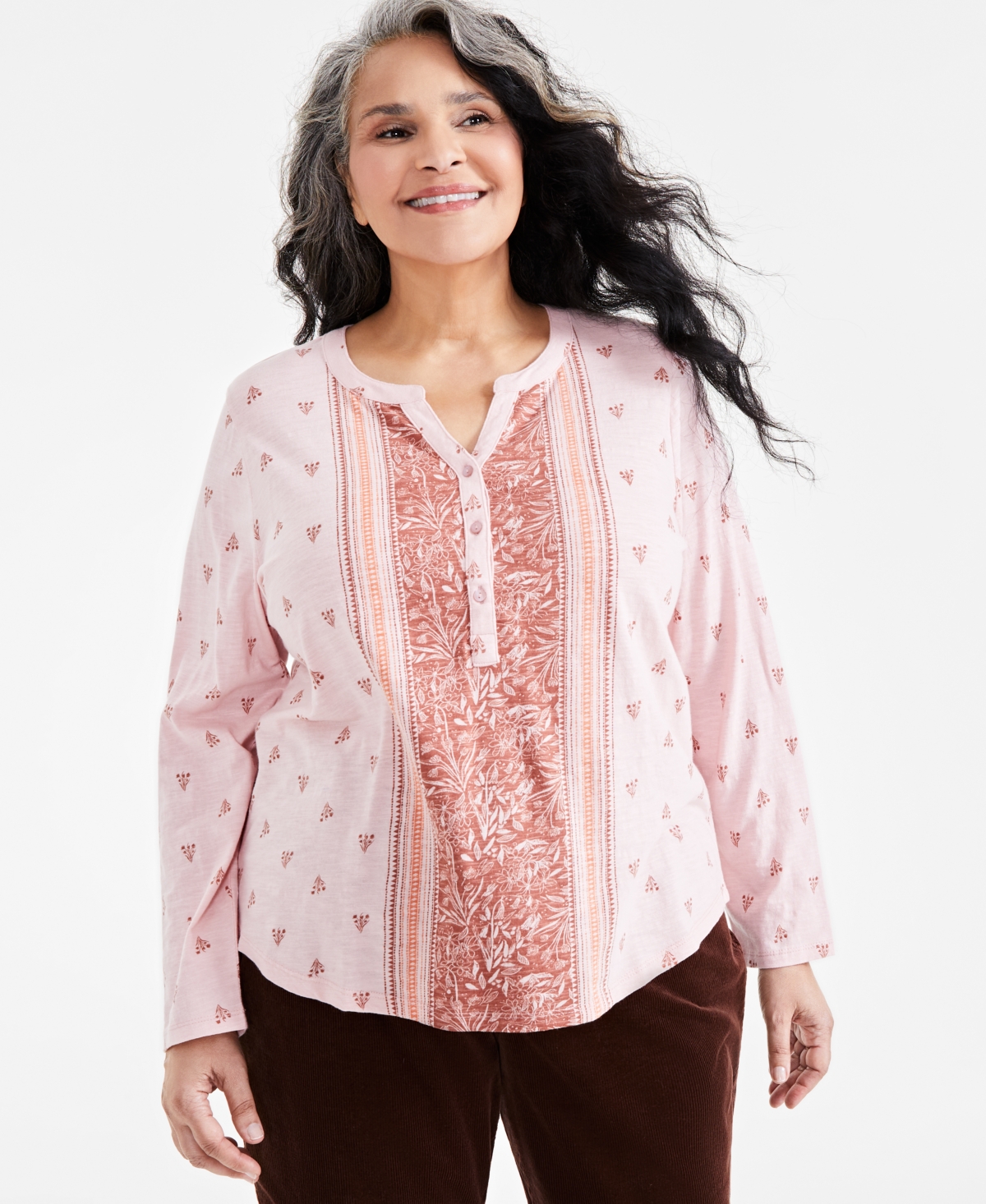 Style & Co Plus Size Split-Neck Mixed-Print Top, Created for Macy's