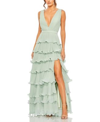 Women's Sleeveless Ruffle Tiered V Neck Gown