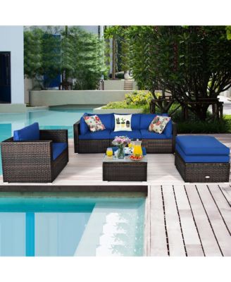 6PCS Patio Rattan Furniture Set Sectional Cushion Sofa Coffee Table Ottoman