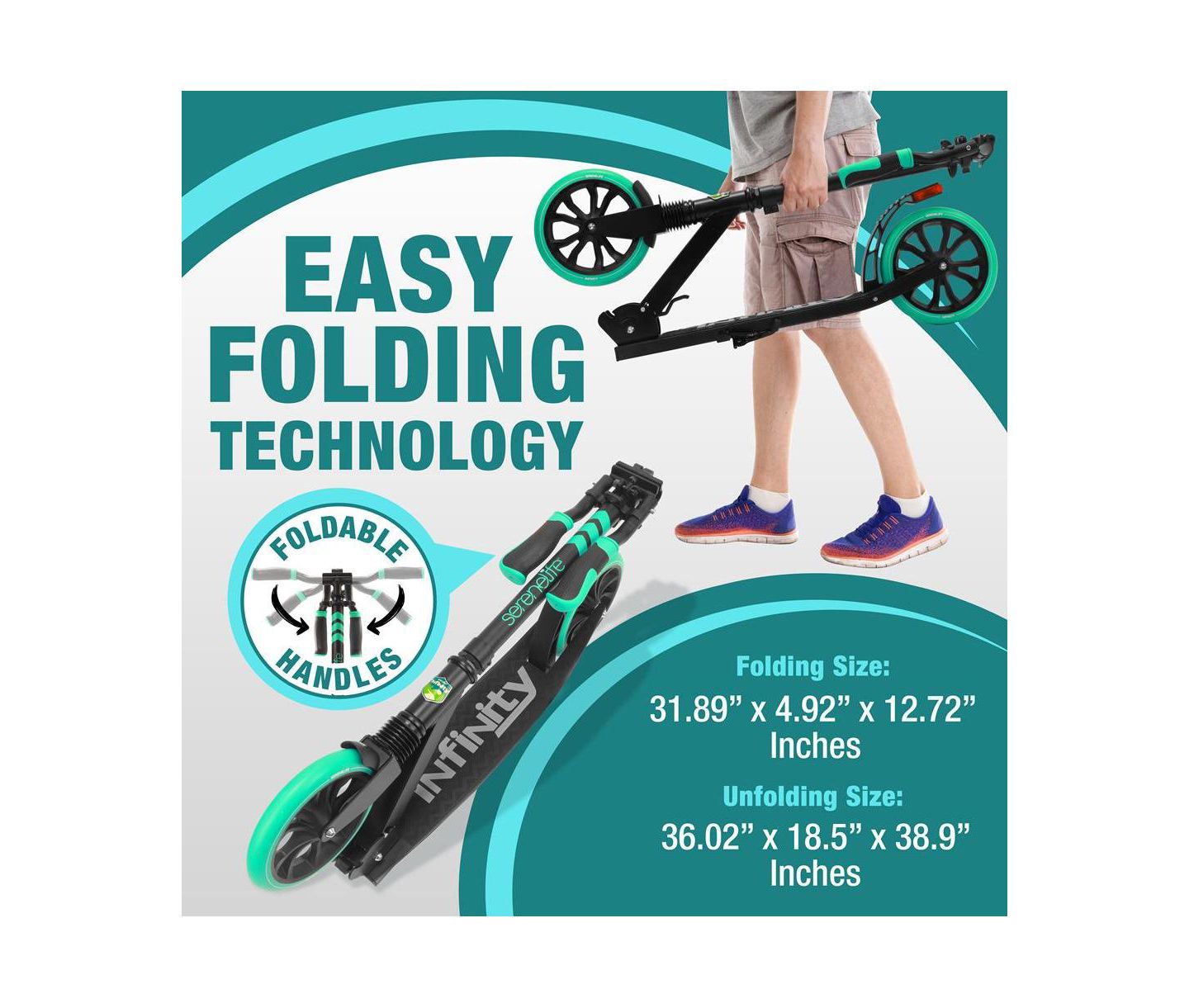 Детская игрушка SereneLife Folding 2-Wheel Adjustable Kick Scooter, Ages 8+, цвет: Аквамариновый — фото 6