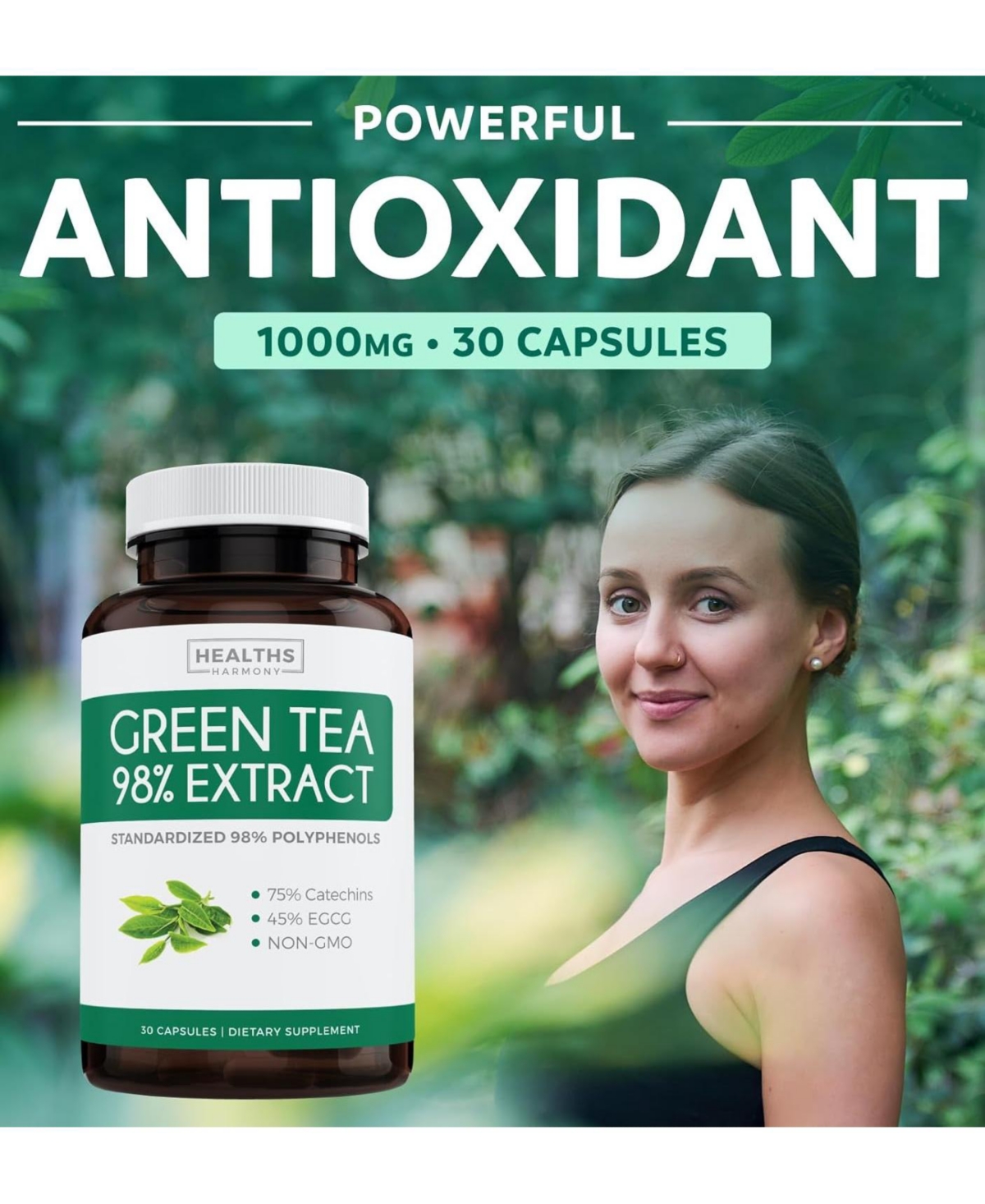 Healths Harmony Green Tea Extract Capsules, Natural Metabolism Boost - Leaf Polyphenol Catechins - Antioxidant Supplement, Health's Harmony, 60ct - Op