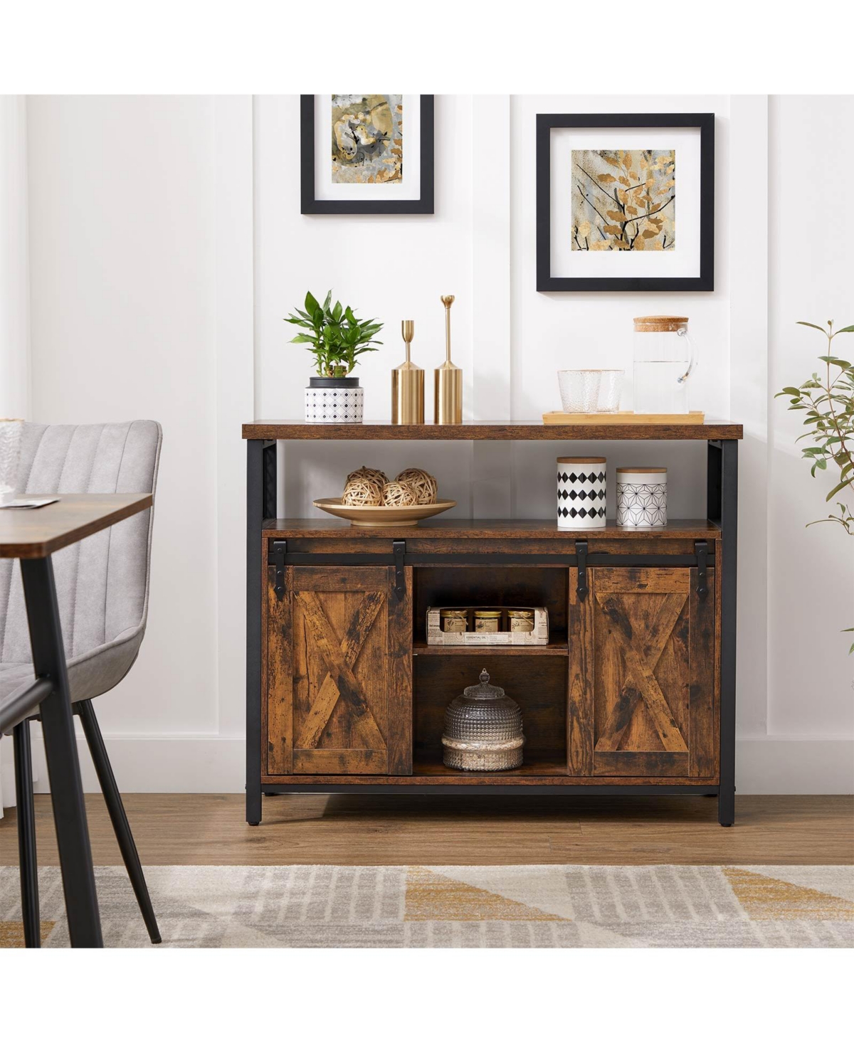 Slickblue Dining Storage Sideboard with Door, Rustic Brown - Rustic Brown and Black