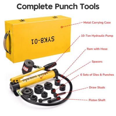 10 Ton Hydraulic Knockout Punch Set 1/2" to 2" Conduit Hole Puncher Tool Kit - Yellow