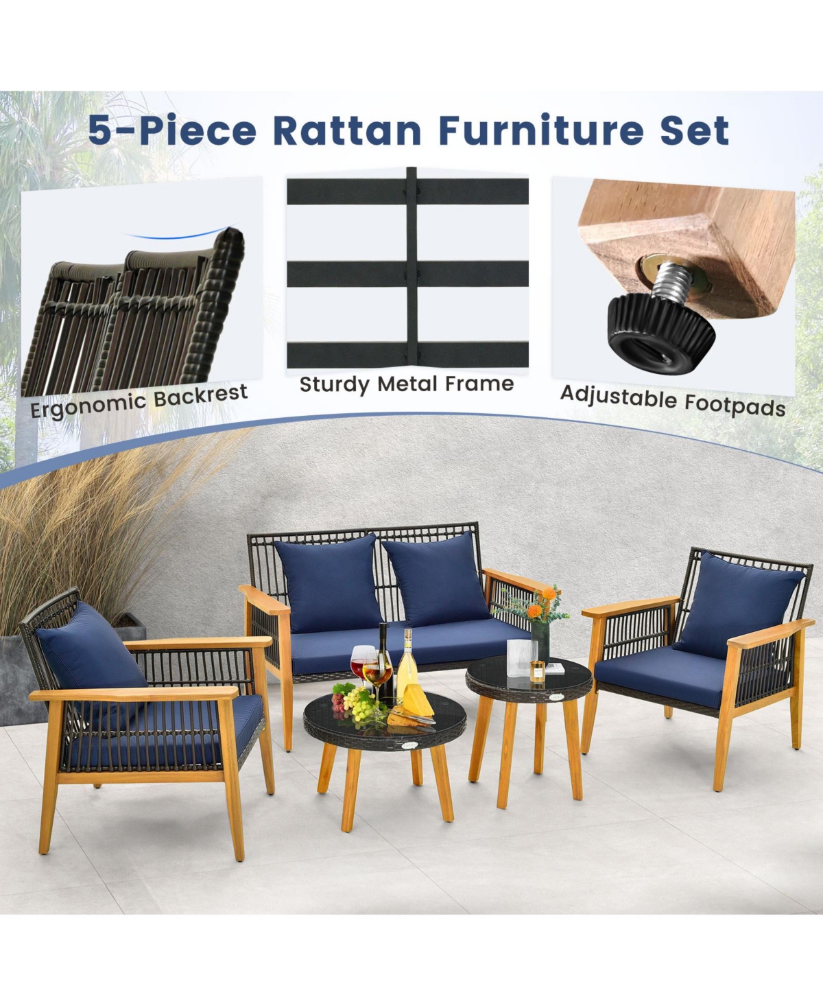 Vebreda 5 Piece Outdoor Conversation Set with 2 Coffee Tables for Backyard Poolside- Navy