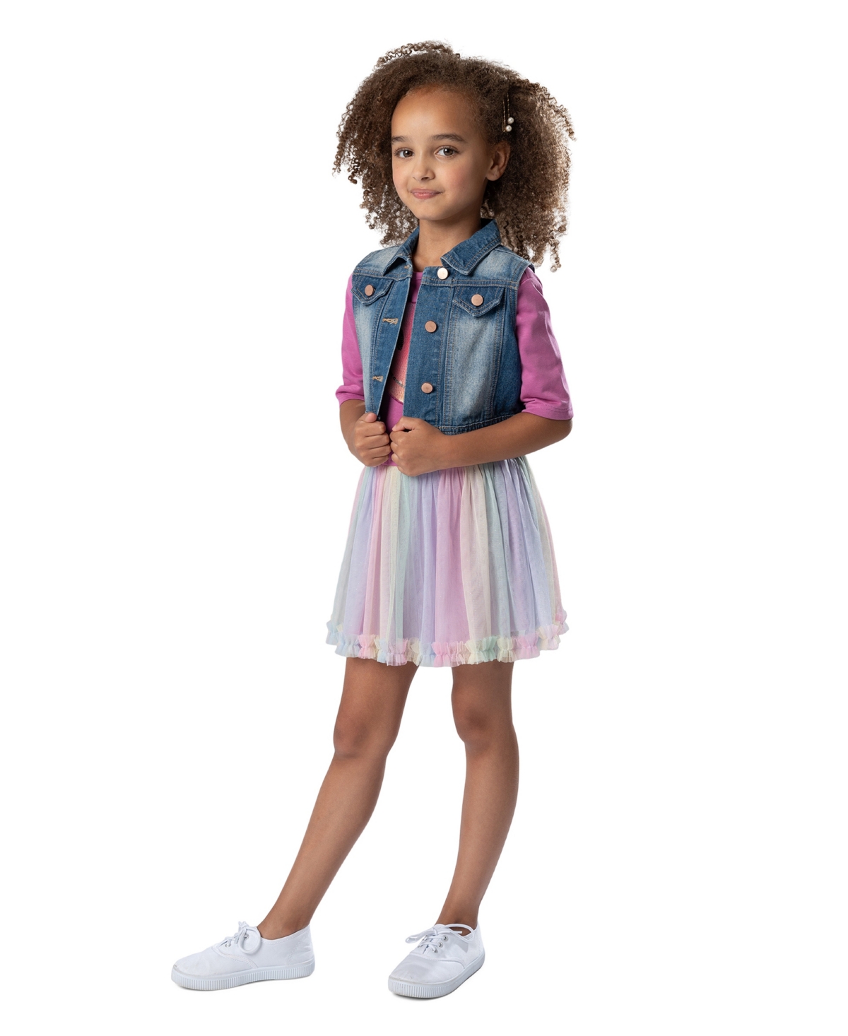 Rare Editions Little Girls One-Piece Mesh Skirt Dress with Denim Vest, 2-Pieces