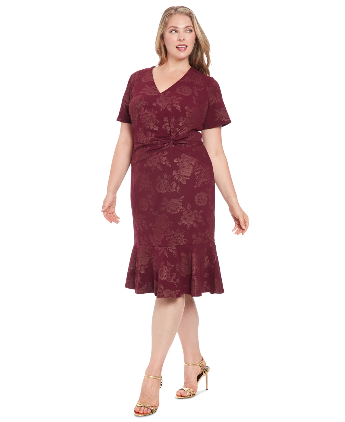 Plus Size Side-Twist Flounce-Hem Sheath Dress - Wine Blush