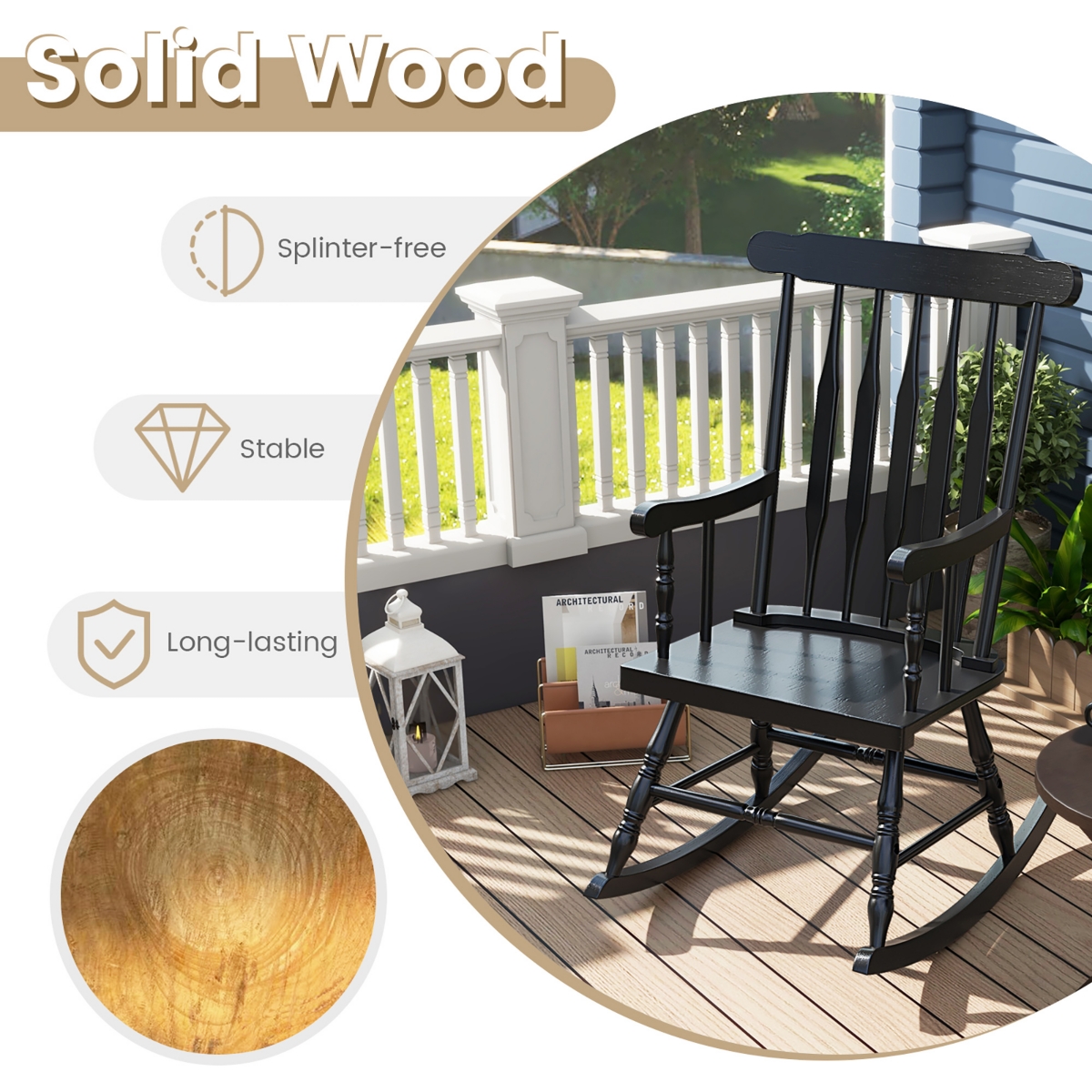 Gymax 2PCS Wooden Rocking Chair Single Rocker Indoor Garden Patio Yard- Black