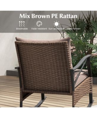 3 Pieces Outdoor Rattan Rocking Chairs Set with  2-Tier Side Table