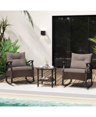 3 Pieces Outdoor Rattan Rocking Chairs Set with  2-Tier Side Table