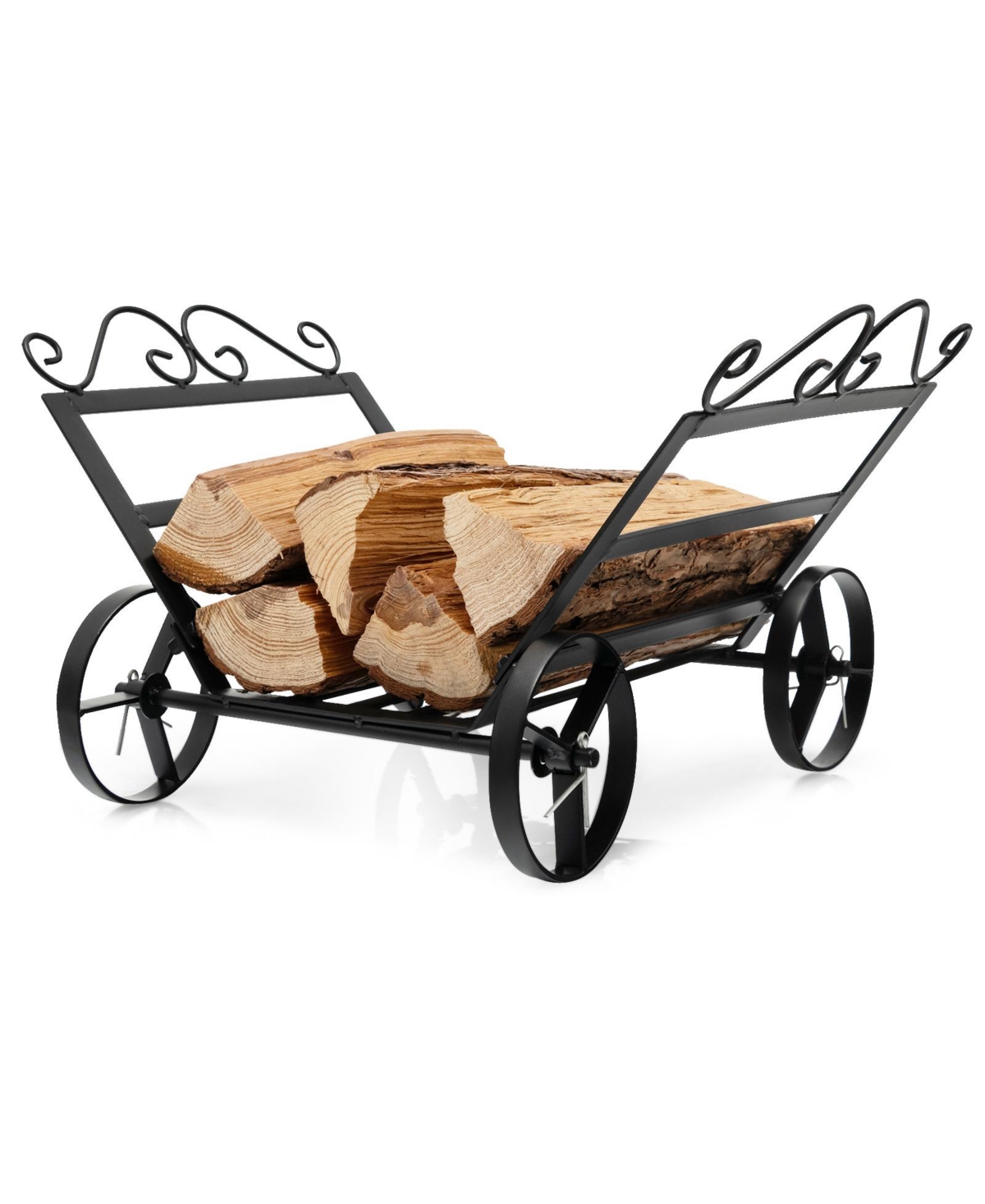 Sugift Firewood Rack Decorative Rustproof Steel Fireplace Log Holder with Wheels