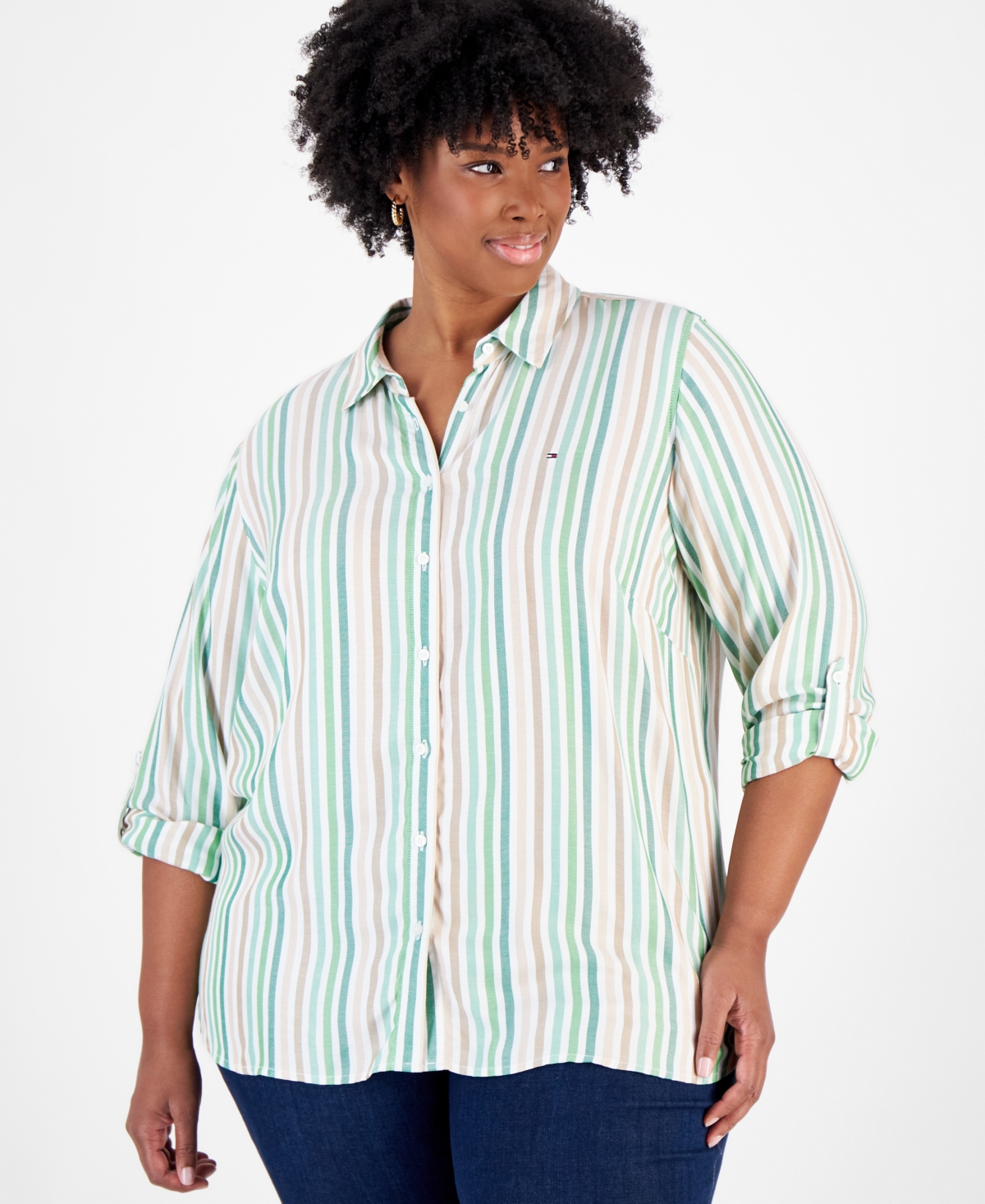 Plus Size Striped Roll-Tab Shirt - Abundant Green Multi